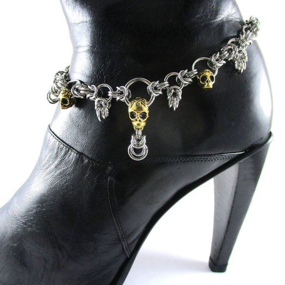 Gold Skulls Rose Silver Chain Maille Link Choker Boot Chain Rocker Goth Punk Fun - Picture 6 of 10